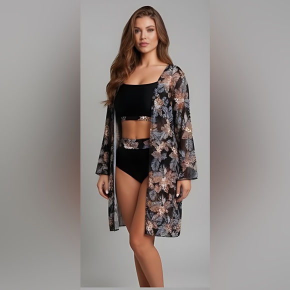 Tropical Print High Waist Bikini Swimsuit & Kimono - Picture 4 of 8